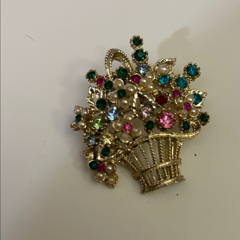 Gold-Tone Multi-Color Crystal Flower Basket Brooch
